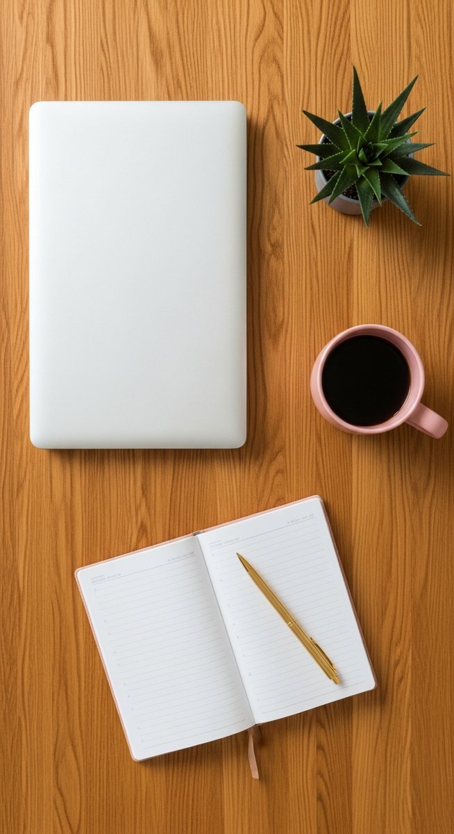 a flatlay of a planner, laptop, and succulent on a wooden surface for blogging