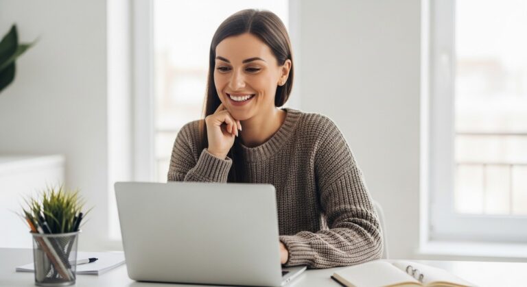 a woman working confidently on her laptop at a bright home desk for blogging