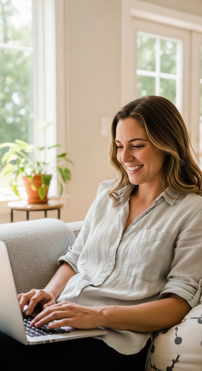 woman smiling while working on her laptop at home