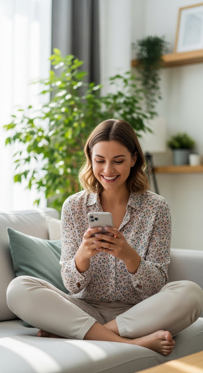 a woman smiling at her phone in a bright living room for blogging