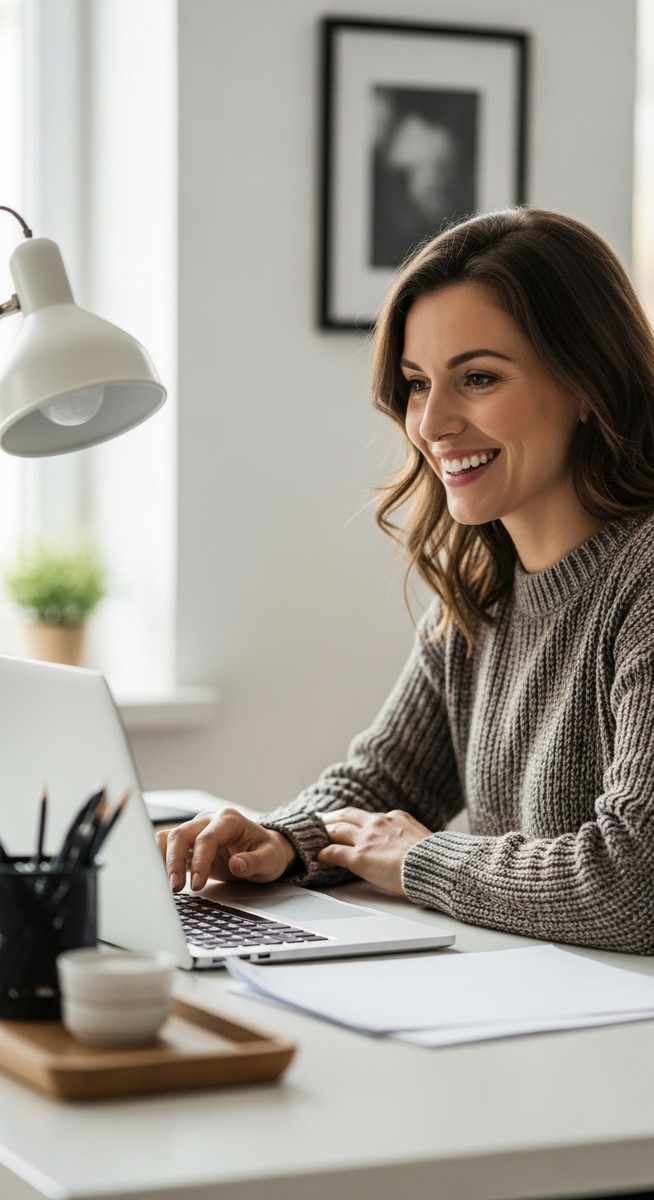 woman working confidently on her laptop at a bright home desk