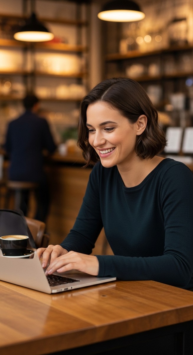a woman working happily on her laptop for blogging