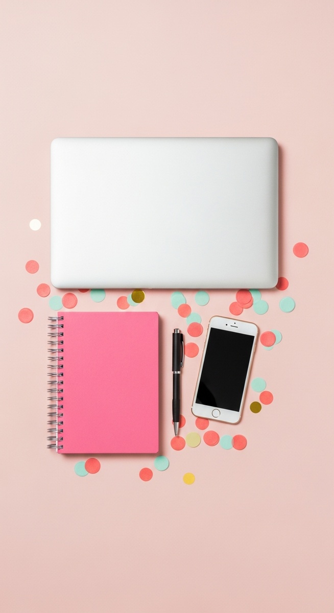 pink flatlay with laptop, notebook, and phone