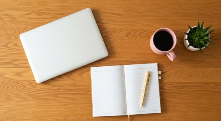 a flatlay of a planner, laptop, and succulent on a wooden surface for blogging