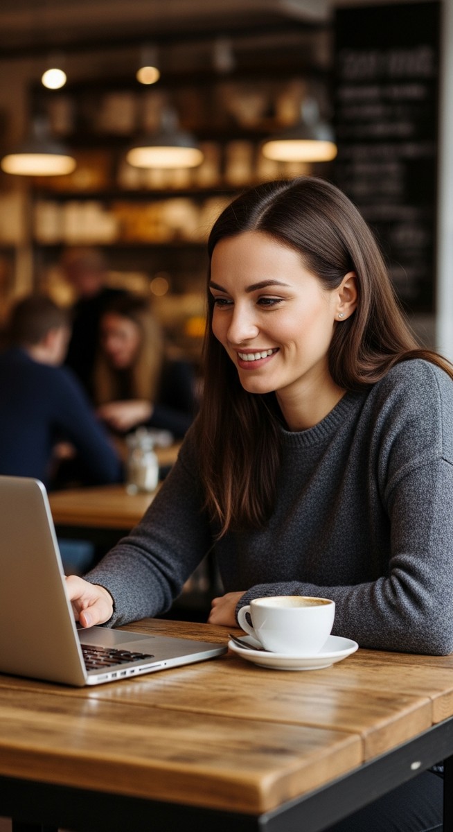 a woman working happily on her laptop to play games for money