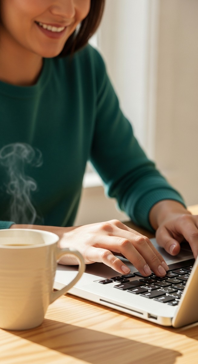 a woman typing on a laptop at a bright clean desk to play games for money