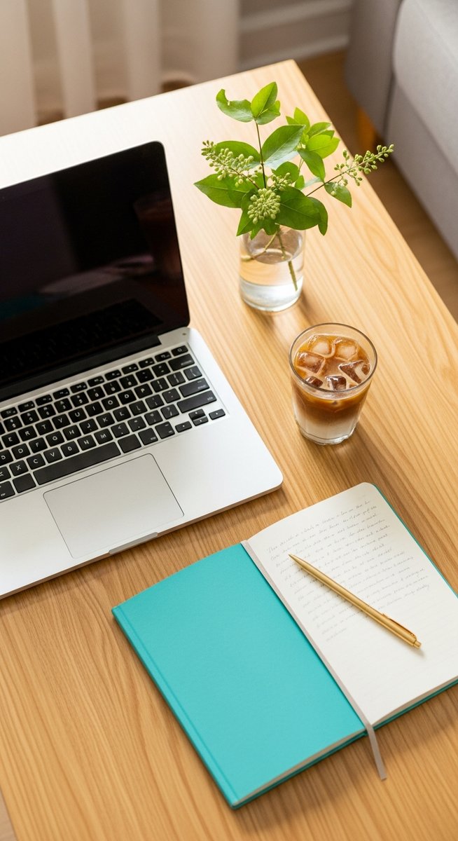 flatlay of a laptop and teal notebook on a wooden desk
