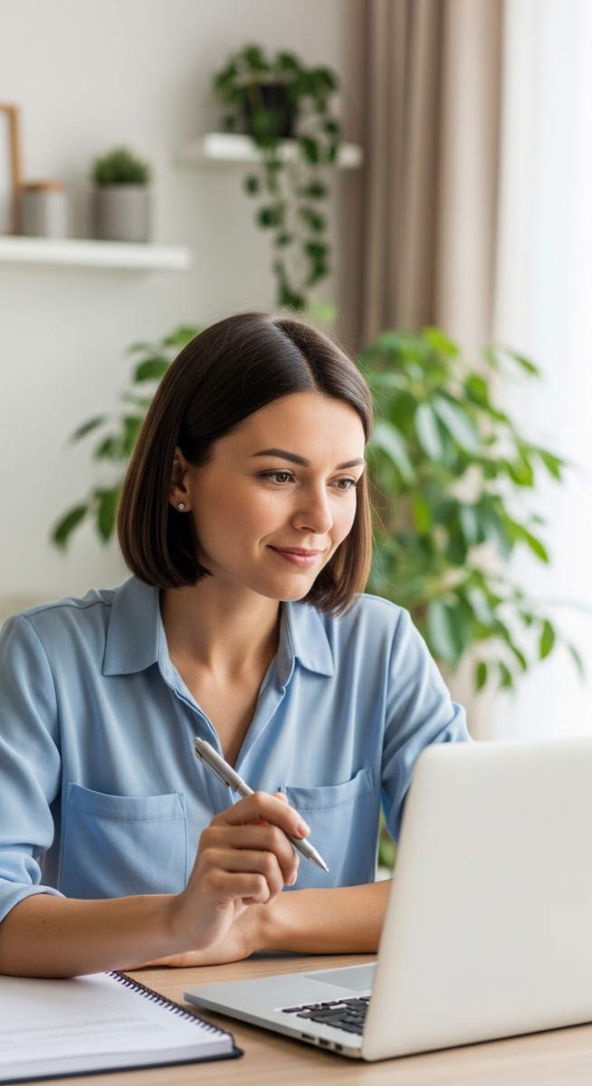 woman smiling and thinking at her home office desk