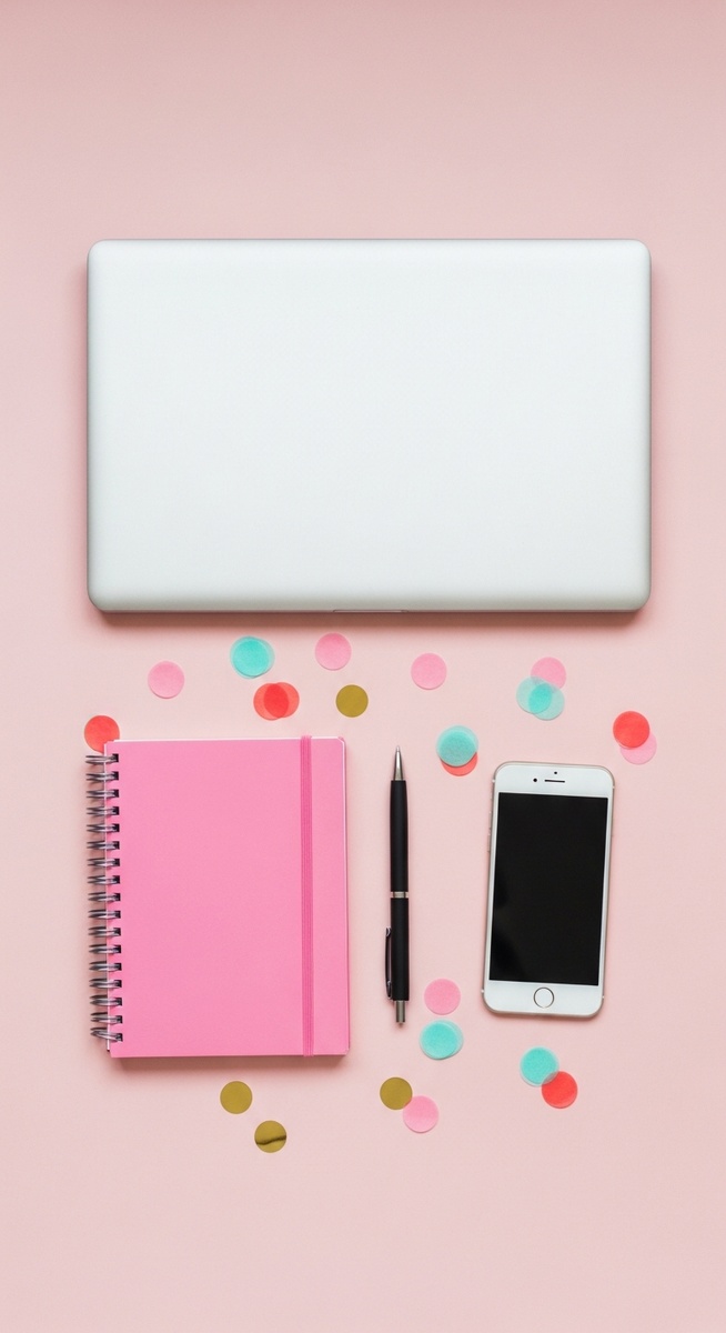 a pink flatlay with laptop, notebook, and phone to play games for money