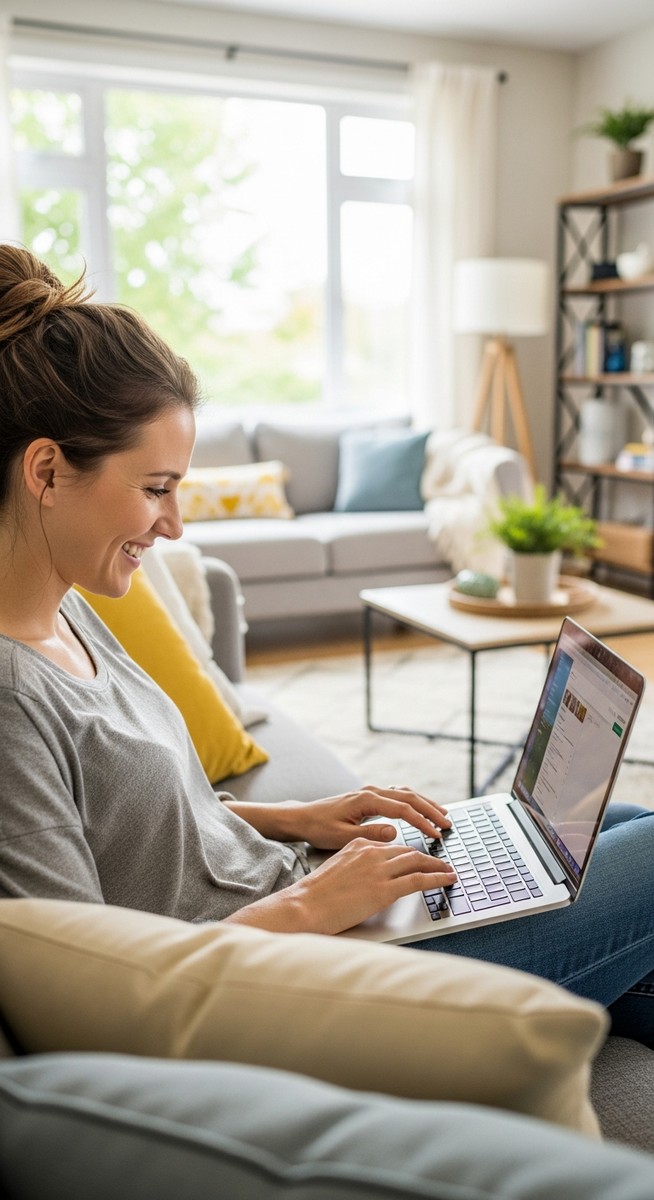 woman smiling while working on her laptop at home