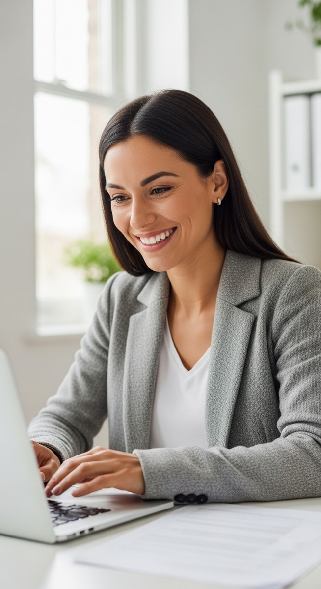 woman working confidently on her laptop at a bright home desk