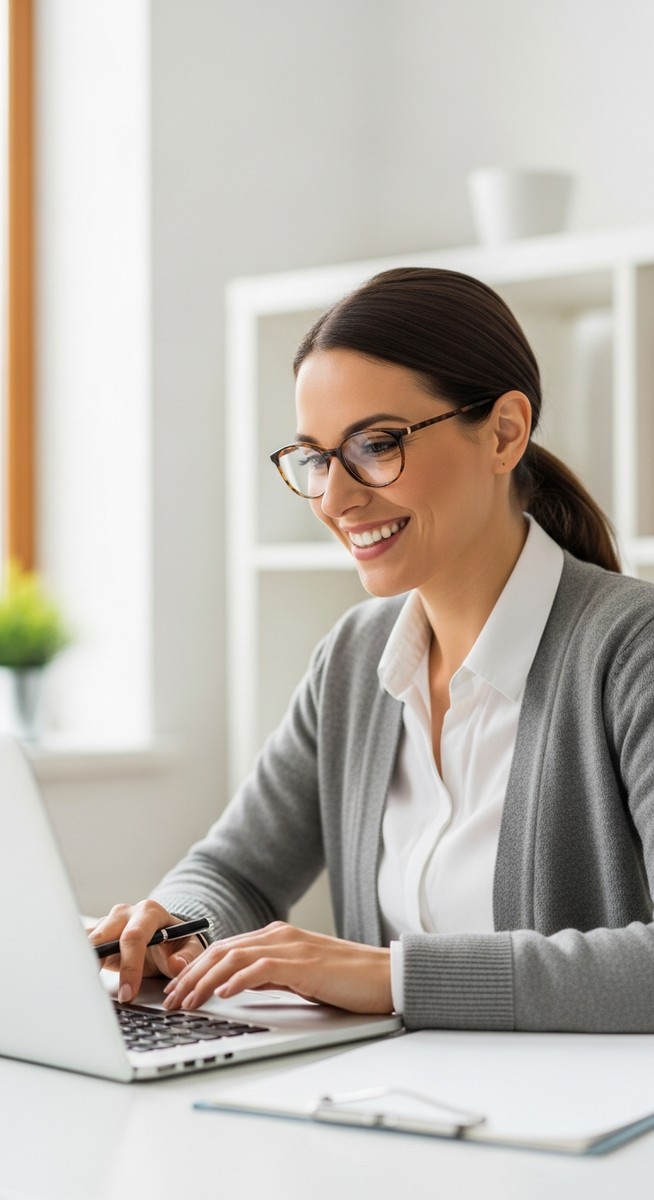 woman working confidently on her laptop at a bright home desk