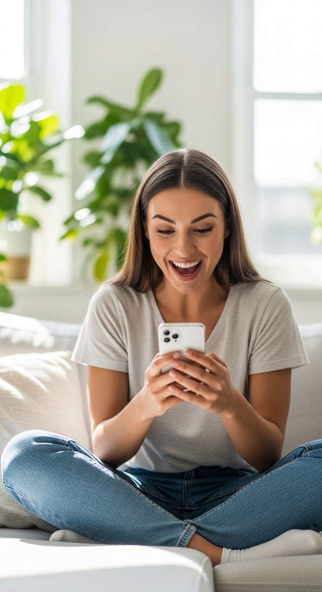 a woman smiling at her phone in a bright living room for budgeting