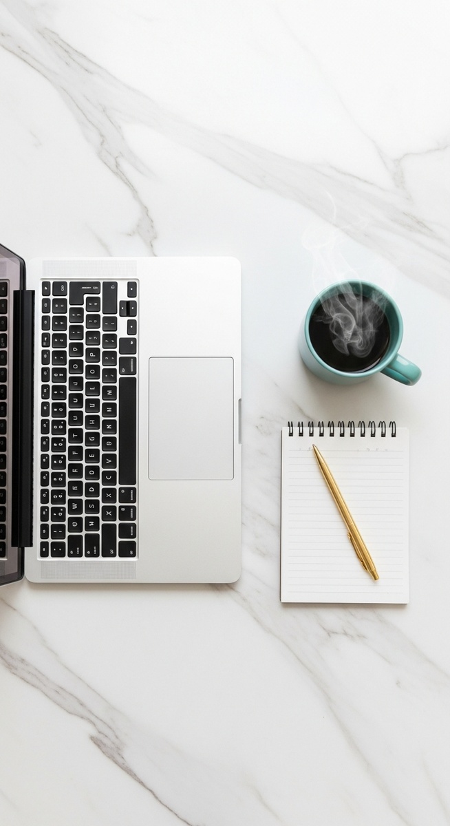 flatlay of a laptop and teal mug on a marble surface