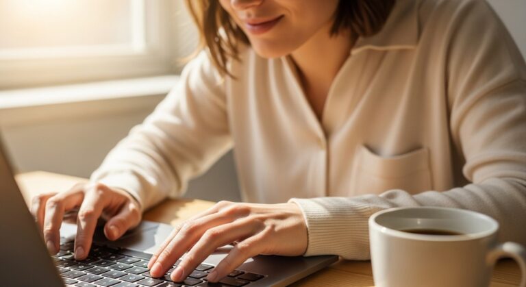 a woman typing on a laptop at a bright clean desk for budgeting