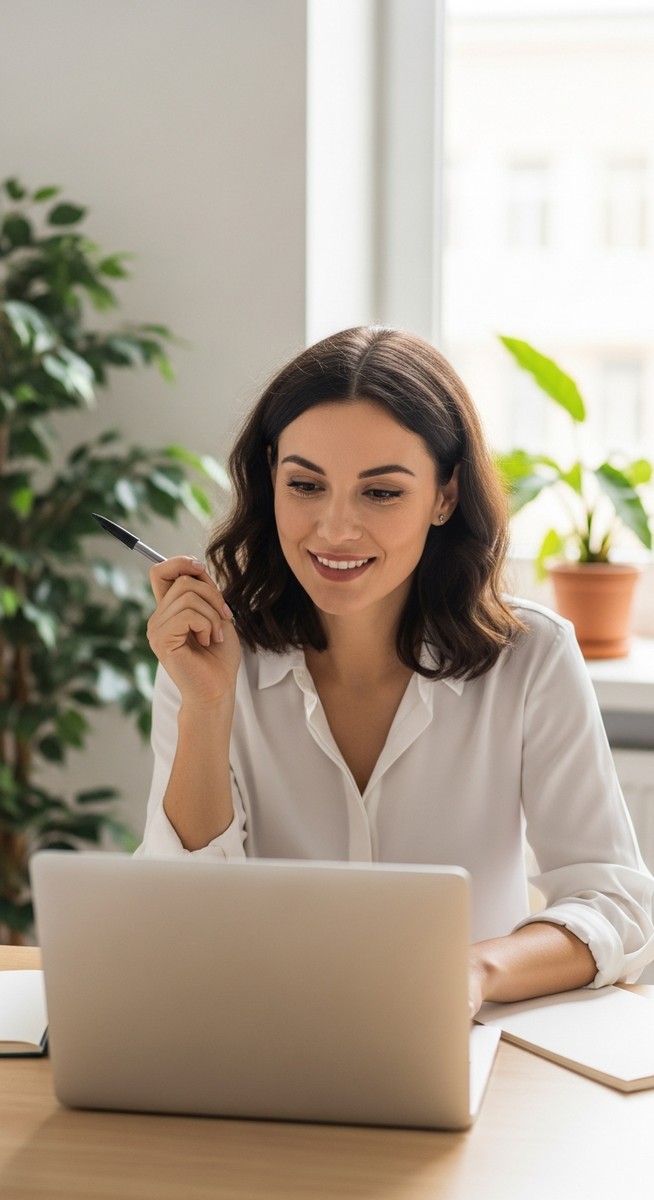 a woman smiling and thinking at her home office desk for budgeting