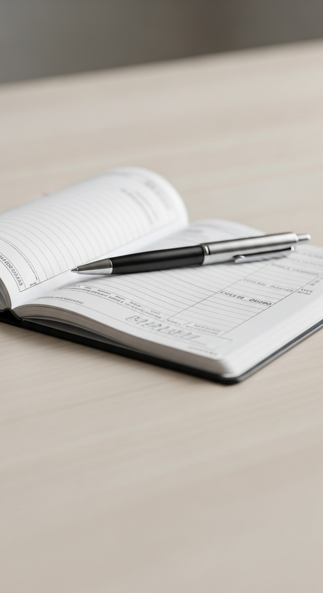 cheque book open on a wooden desk with a pen