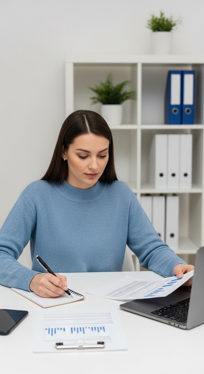 woman reviewing financial paperwork at her home desk