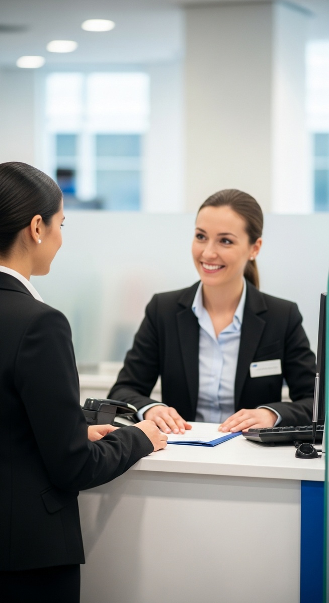 woman speaking with a bank teller at a bank counter