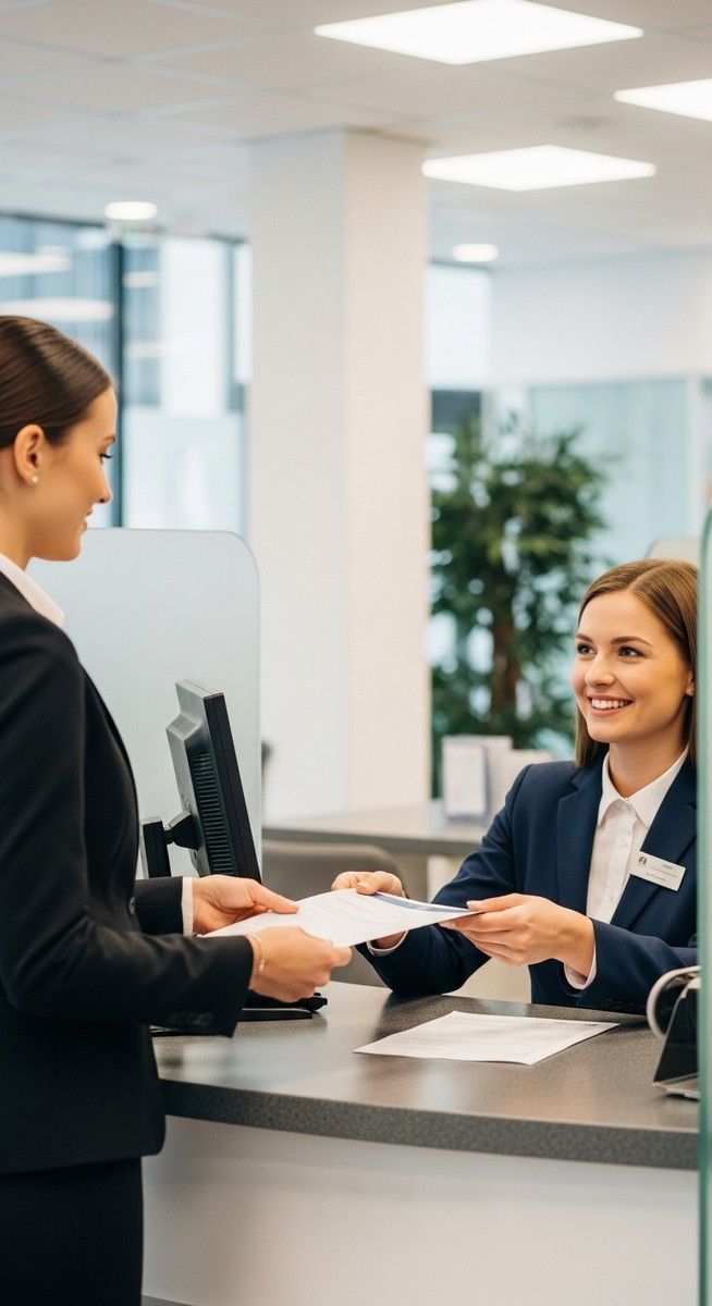 woman handing a document to a bank teller