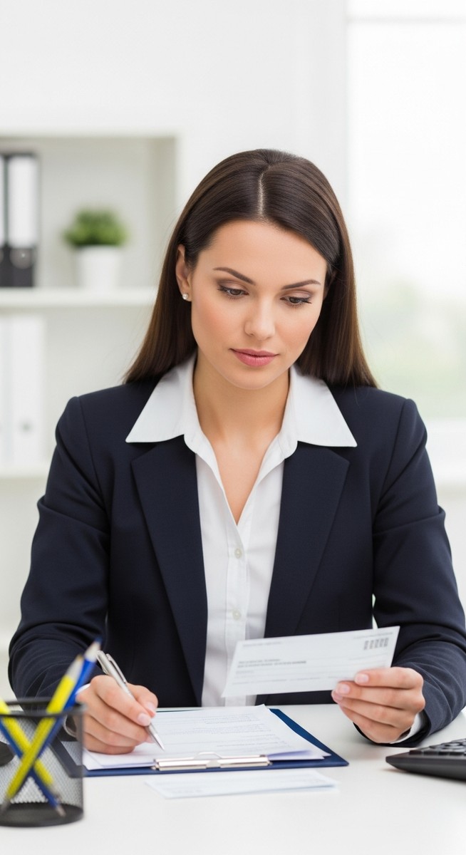 woman reviewing a financial document at a desk