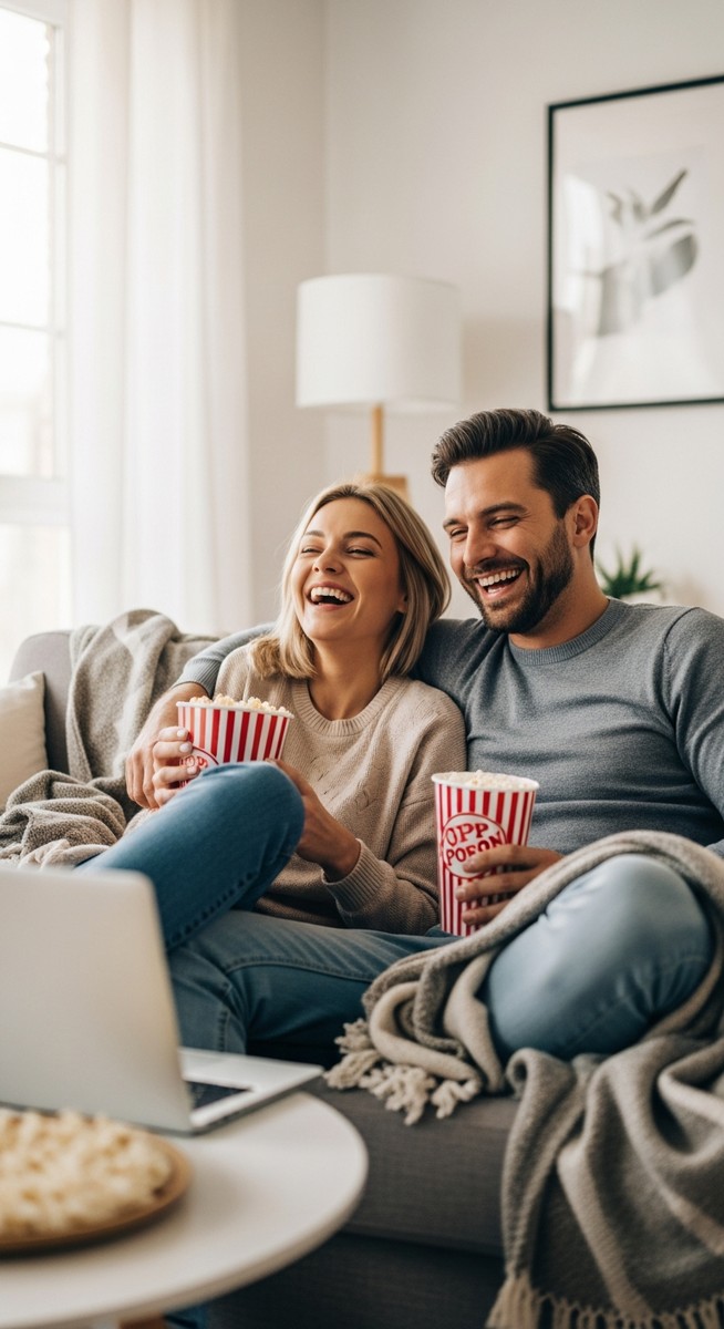 couple laughing together watching a movie at home