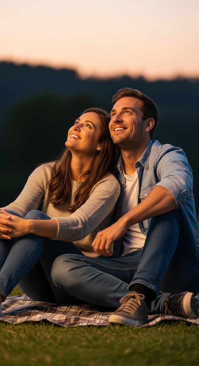 couple sitting on a blanket outdoors at dusk