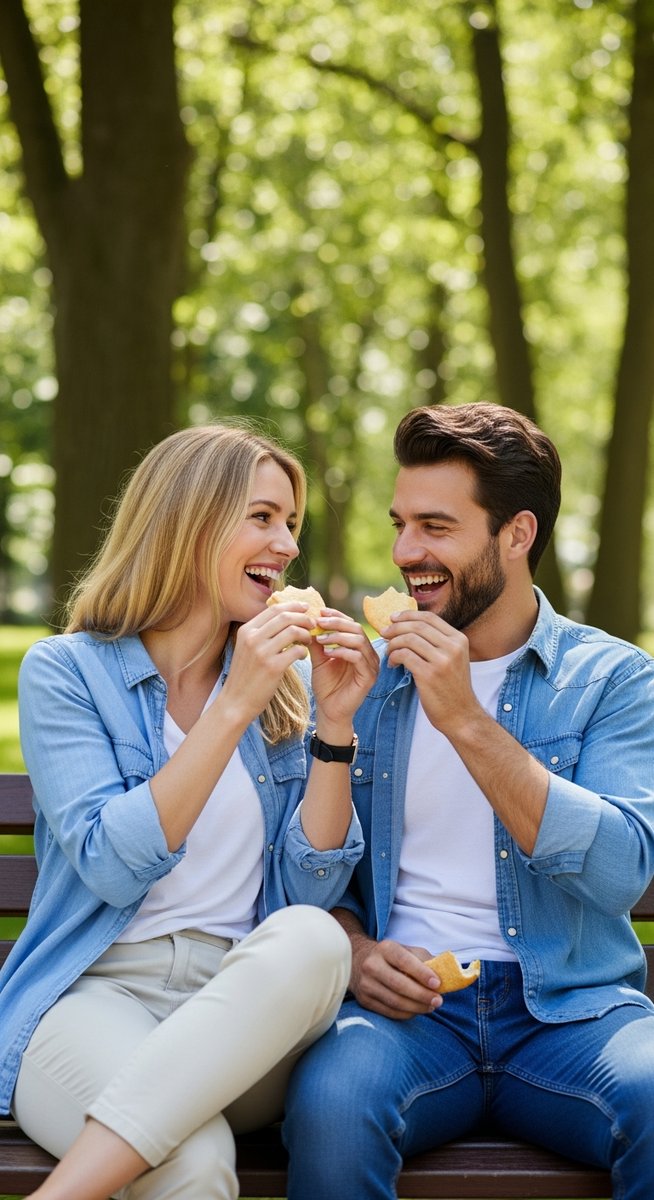a couple sitting on a park bench sharing a snack for saving money