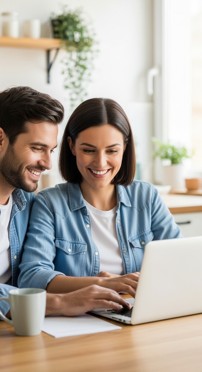 a couple planning a date together on a laptop at home for saving money