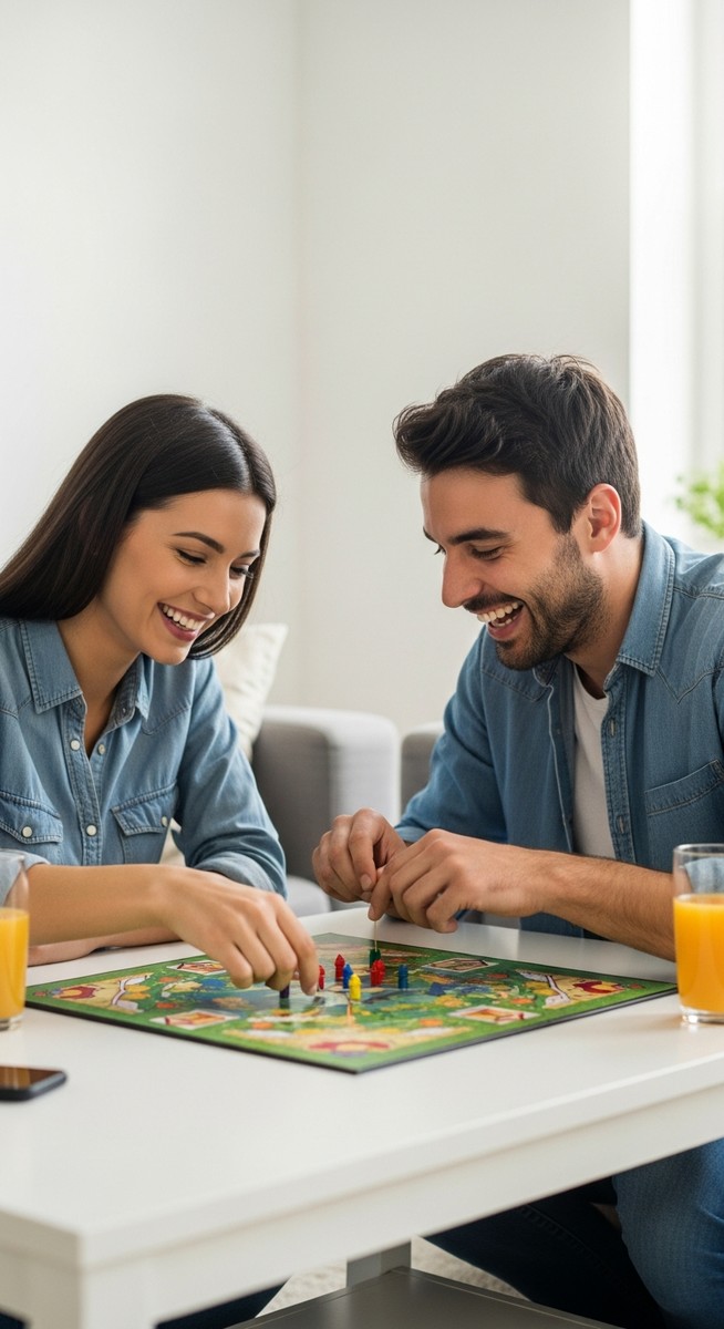 a couple playing a board game together at home for saving money