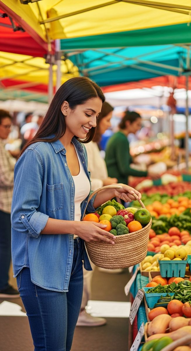 a woman choosing fresh produce at a farmer's market with a basket to live frugally