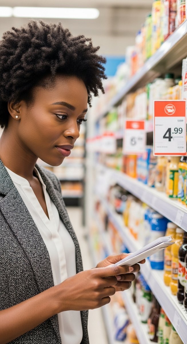 woman comparing price labels on supermarket shelves for some cheap food ideas