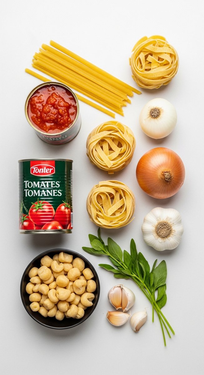flatlay of budget-friendly ingredients to use in some cheap food ideas to save money, including pasta, tinned tomatoes, onions and herbs on a kitchen surface