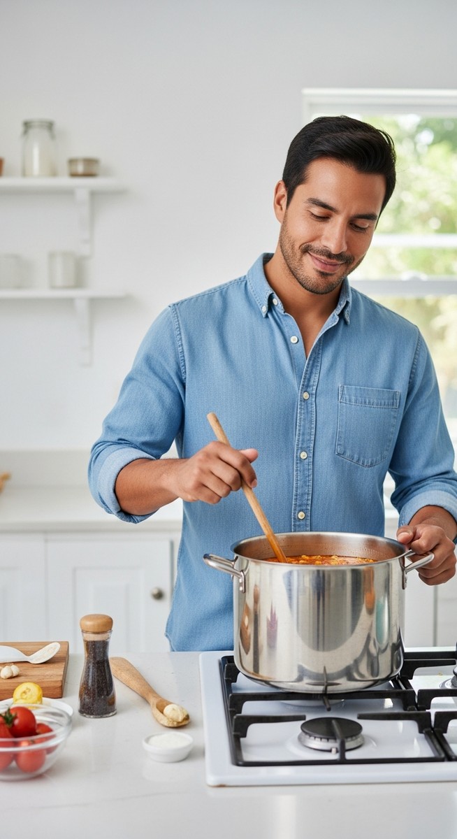 a man stirring a large pot of soup on the stove in a bright home kitchen to save money on cheap food
