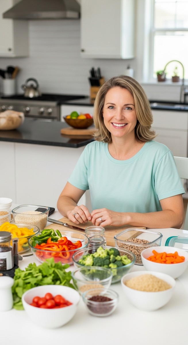 a woman meal prepping with simple ingredients at a bright kitchen table to live frugally