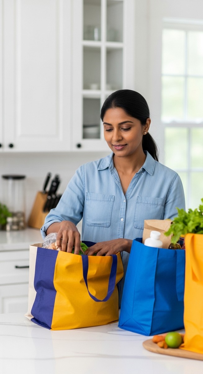 a woman sorting through groceries from reusable bags at a kitchen counter to live frugally