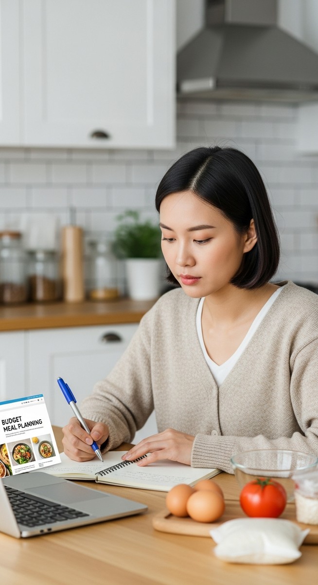 young woman planning budget meals on a laptop with a notepad and ingredients on the table