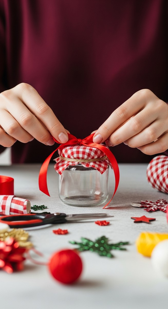 hands tying a ribbon on a homemade Christmas gift jar