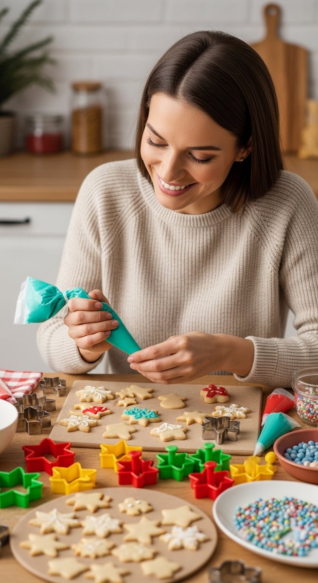 woman decorating homemade Christmas cookies at a kitchen table