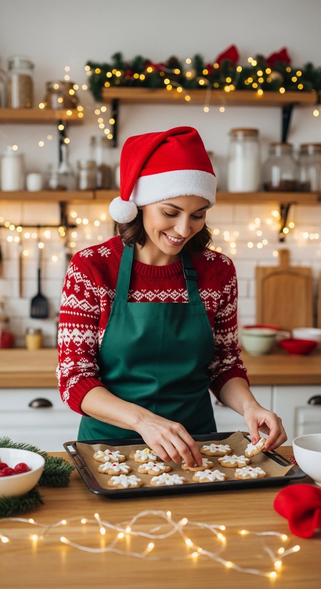 woman baking Christmas treats in a bright kitchen