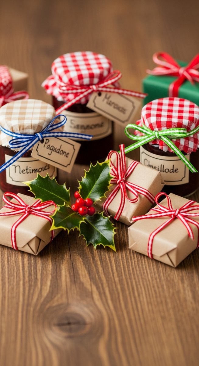 small homemade Christmas gifts arranged on a wooden table