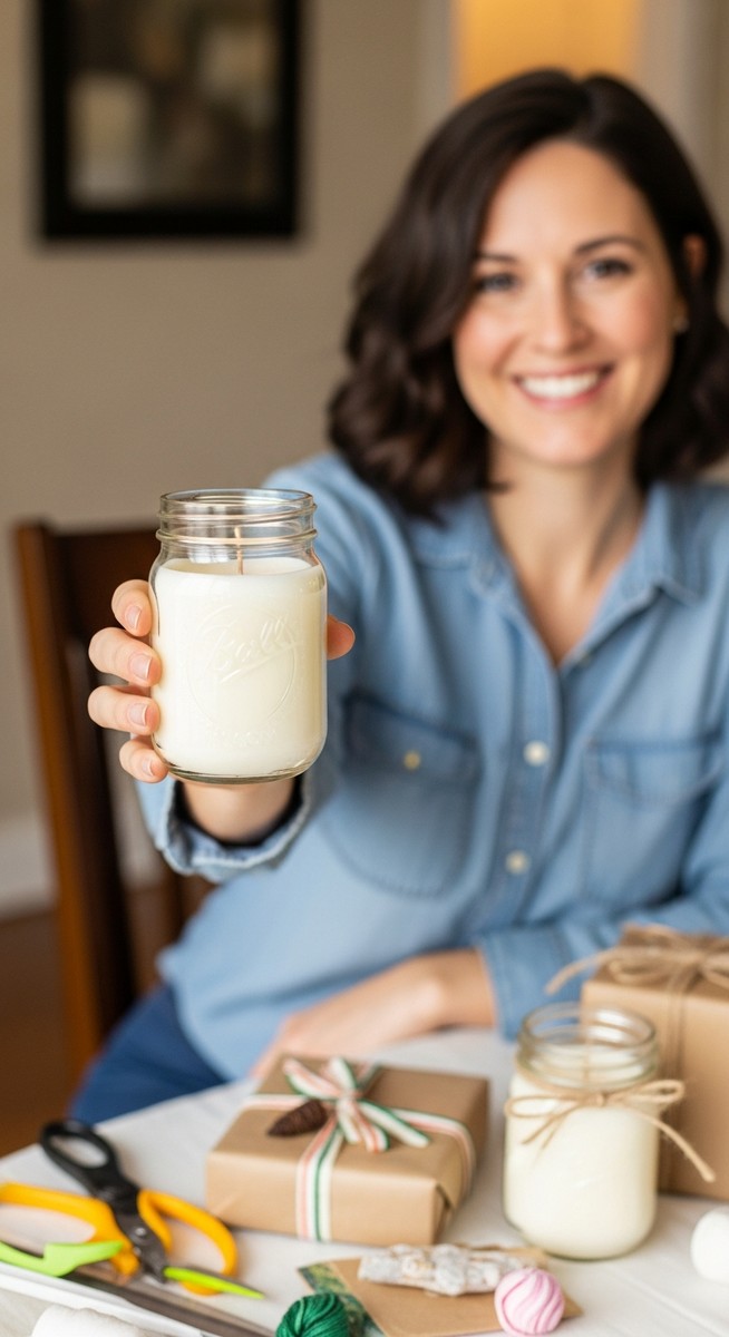 woman holding up a finished homemade candle gift