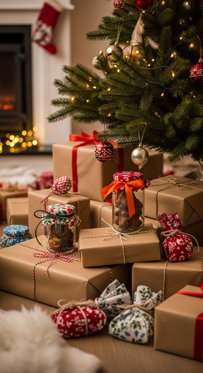 homemade Christmas gifts wrapped and placed under a Christmas tree