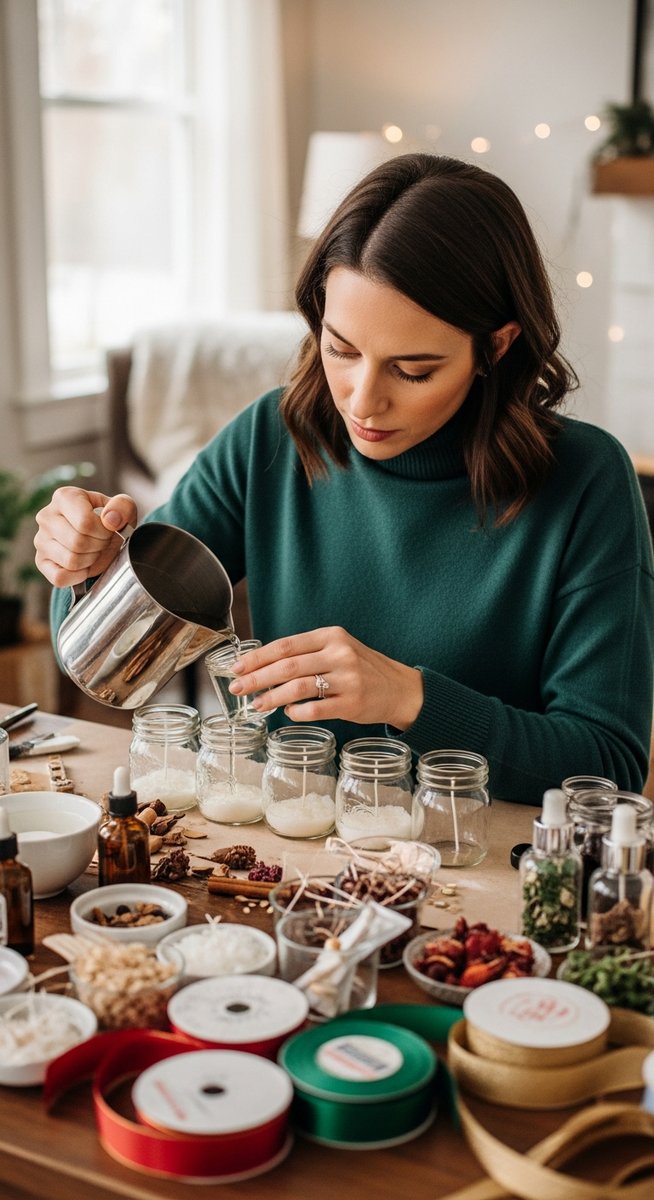 woman making homemade candles at a craft table