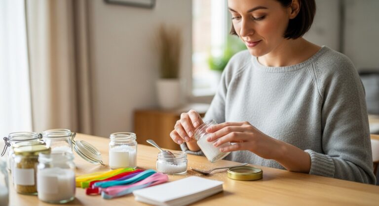 a woman packaging homemade beauty products into jars for budgeting