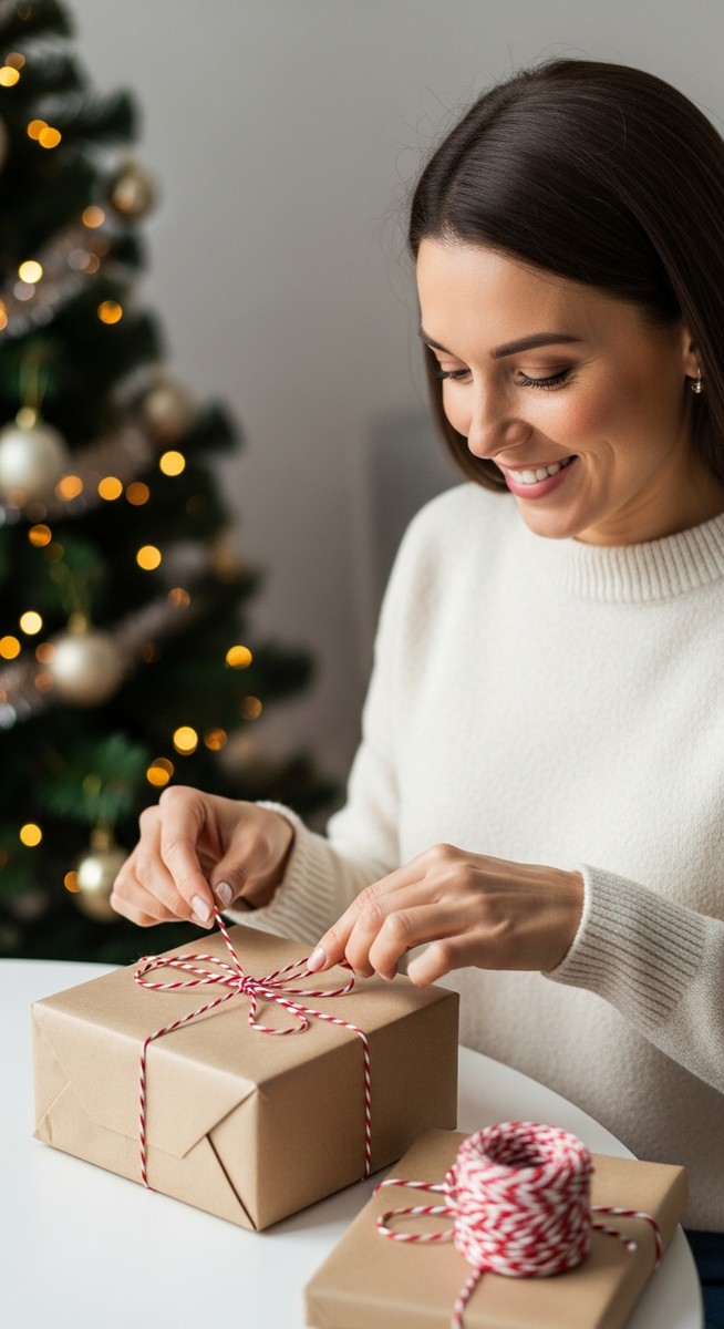 a woman wrapping a homemade Christmas gift in kraft paper for budgeting