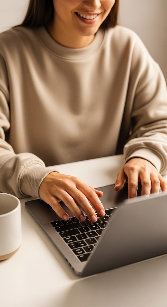 a woman typing on a laptop at a bright clean desk to live frugally