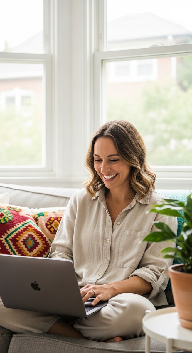 a woman smiling while working on her laptop at home to live frugally