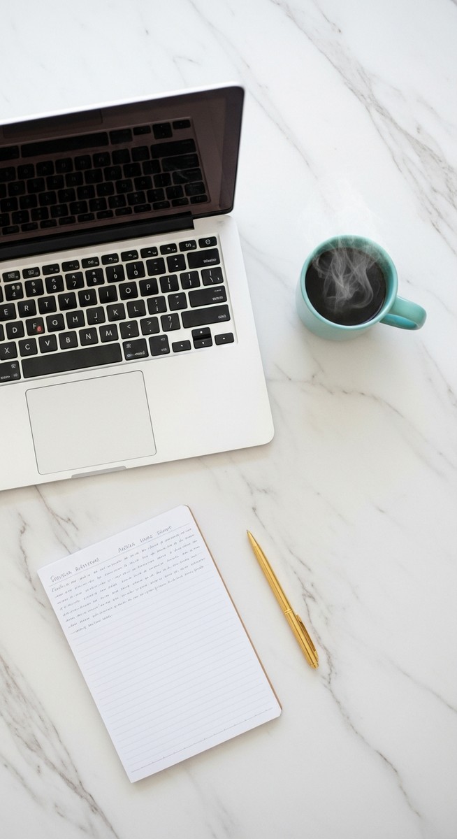 flatlay of a laptop and teal mug on a marble surface