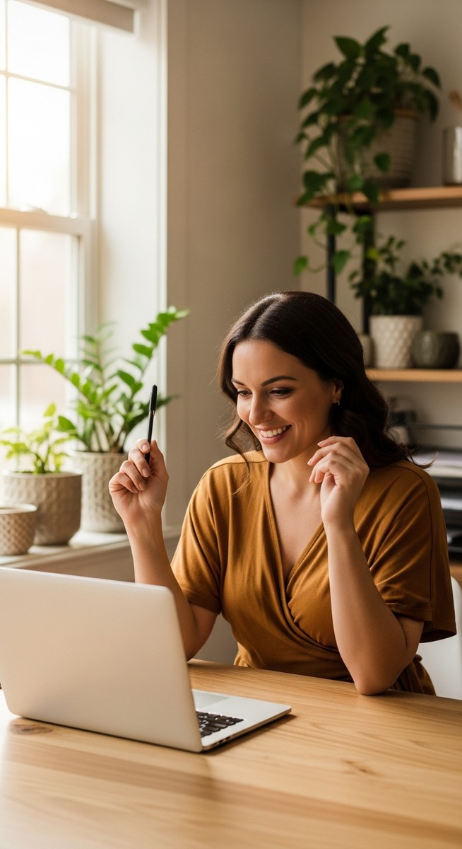 woman smiling and thinking at her home office desk